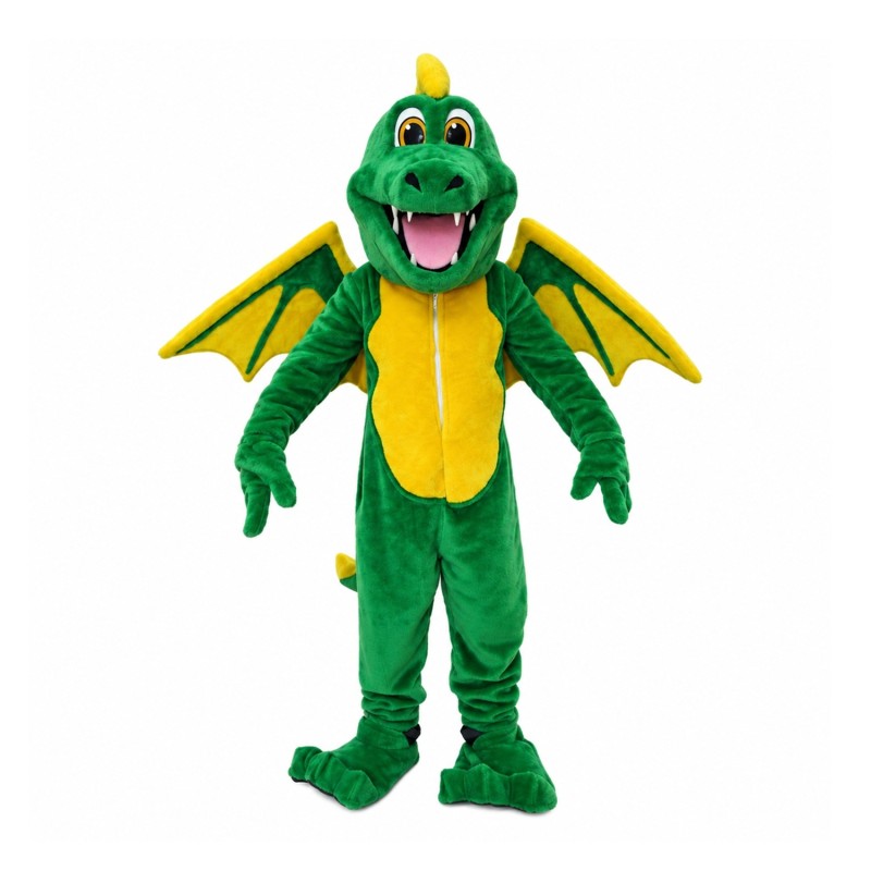 Smiling Green & Yellow Dinosaur With Wings Mascot Costume