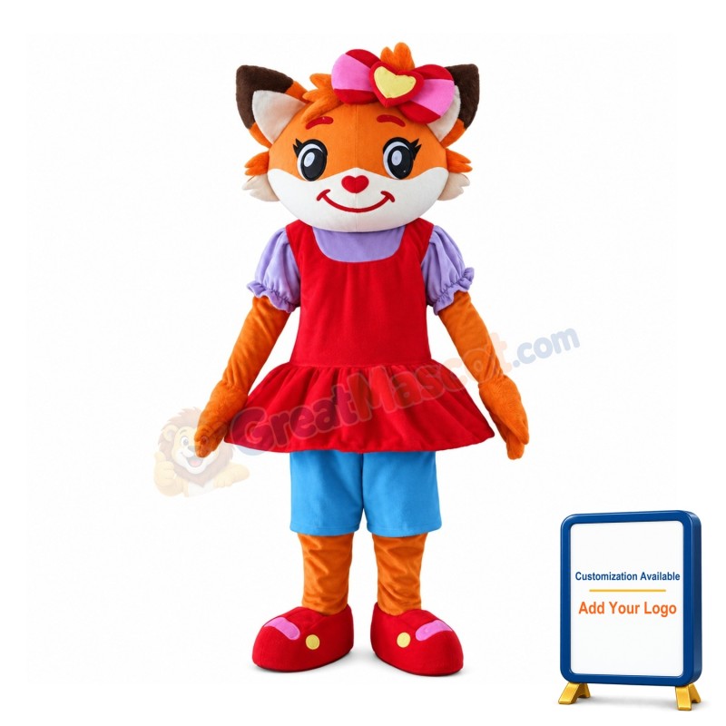 Fancy Cute Smiling Fox With Red Dress Mascot Costume