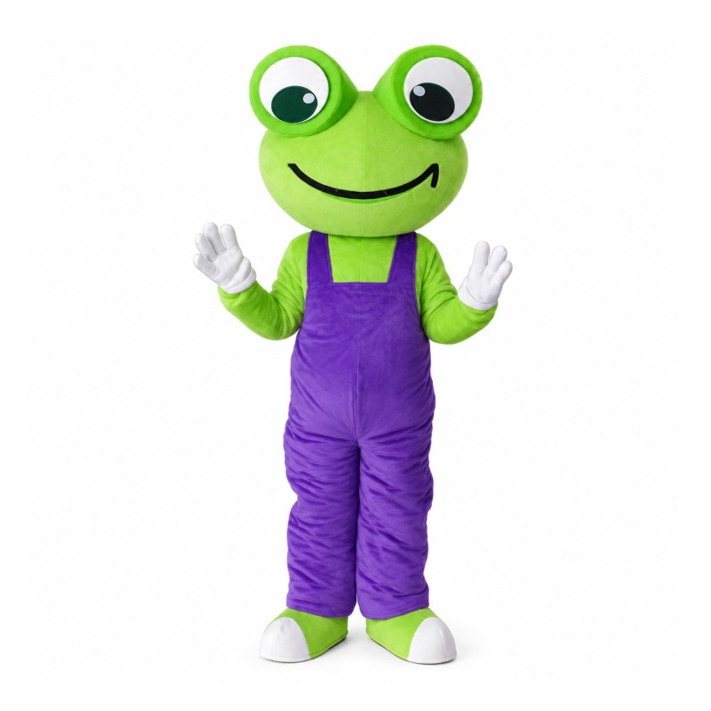 Adult Size Frog With Purple Rompers Mascot Costume