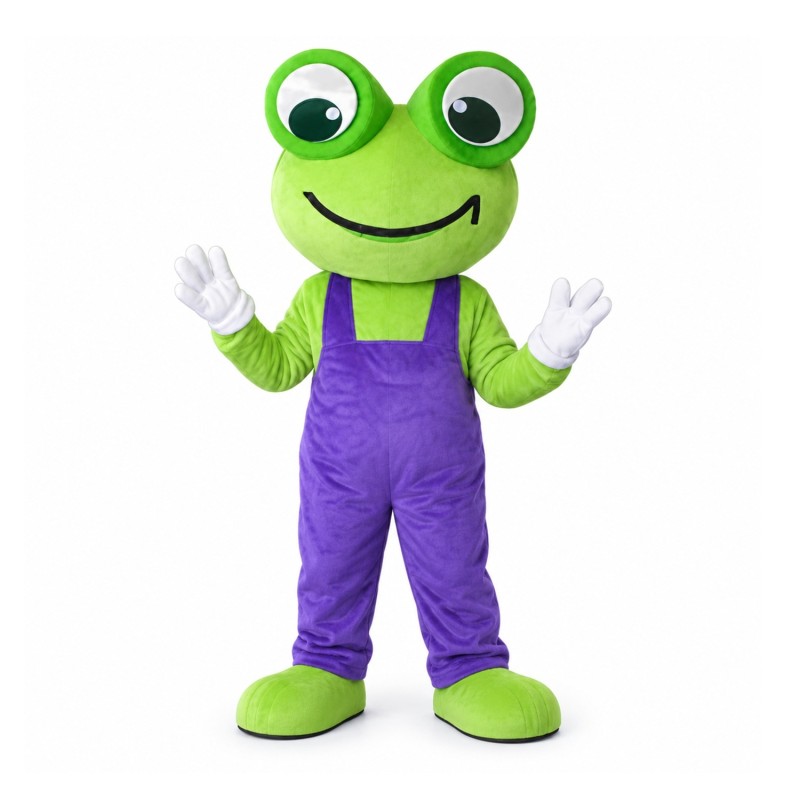 Adult Size Frog With Purple Rompers Mascot Costume