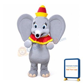 Cute Smiling Little Grey Elephant With Hat And Shawl Mascot Costume