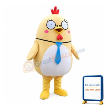 Super Cute Khaki Chicken With Blue Tie Mascot Costume