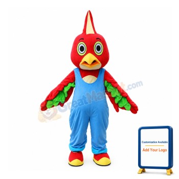 Lovely Plush Furry Red Chicken With Blue Rompers Mascot Costume