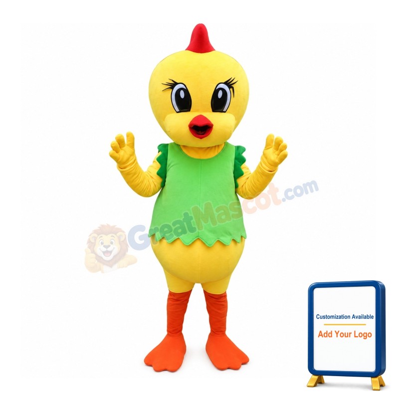 Cute Cartoon Yellow Chicken With Green Vest Mascot Costume