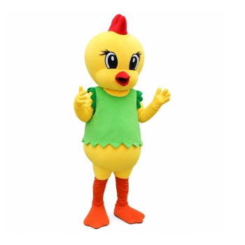 Cute Cartoon Yellow Chicken With Green Vest Mascot Costume