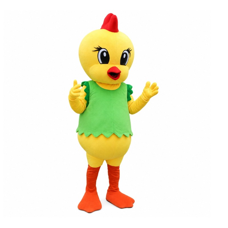 Cute Cartoon Yellow Chicken With Green Vest Mascot Costume