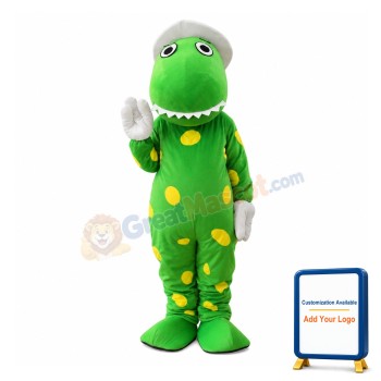 Polite Green Dinosaur With White Hat And Gloves Mascot Costume