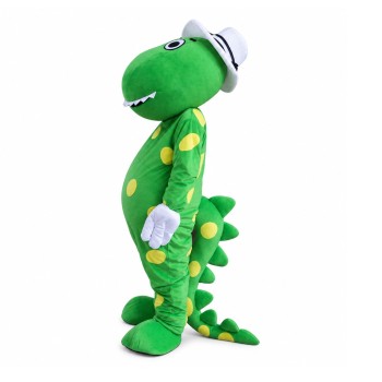 Polite Green Dinosaur With White Hat And Gloves Mascot Costume