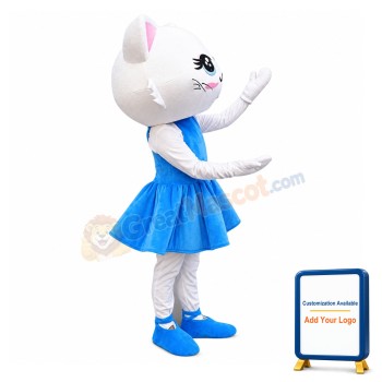 Super Cute Dancing White Cat With Blue Dress Mascot Costume
