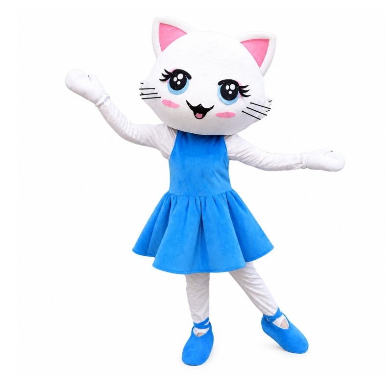 Super Cute Dancing White Cat With Blue Dress Mascot Costume