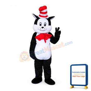 Polite Black & White Cat With Red Tie And Hat Mascot Costume