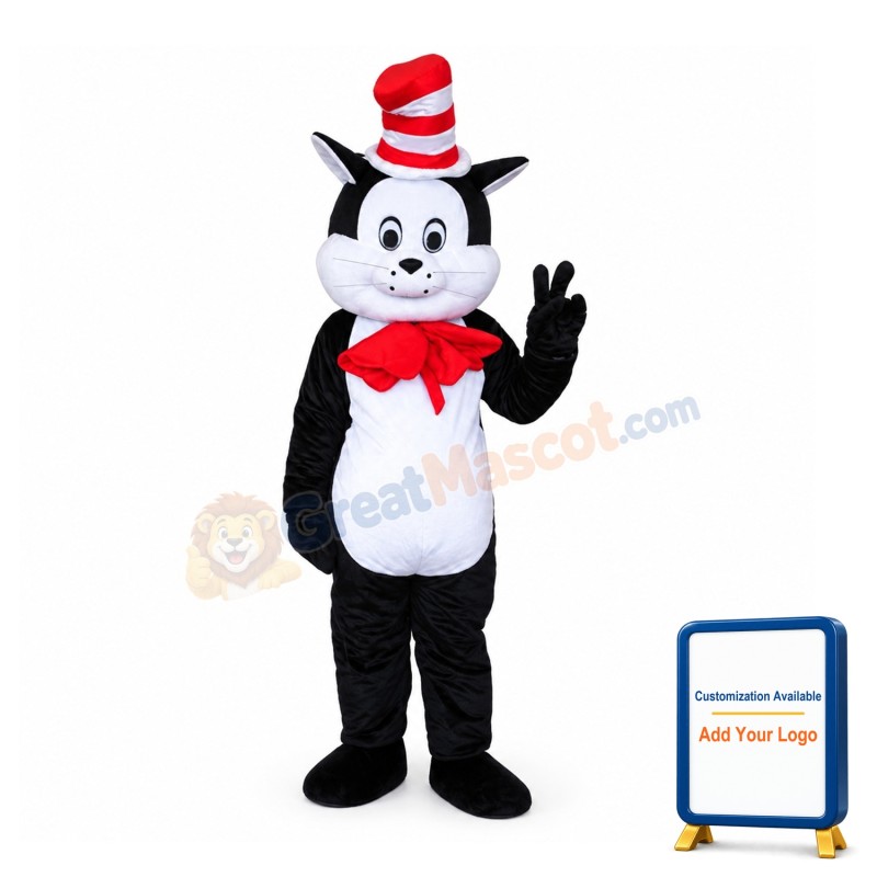 Polite Black & White Cat With Red Tie And Hat Mascot Costume