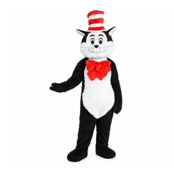 Polite Black & White Cat With Red Tie And Hat Mascot Costume
