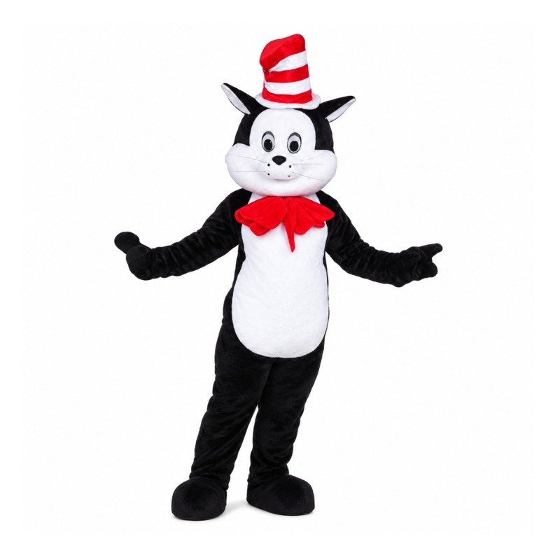 Polite Black & White Cat With Red Tie And Hat Mascot Costume