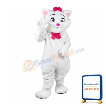 Cartoon White Cat With Pink Tie Mascot Costume