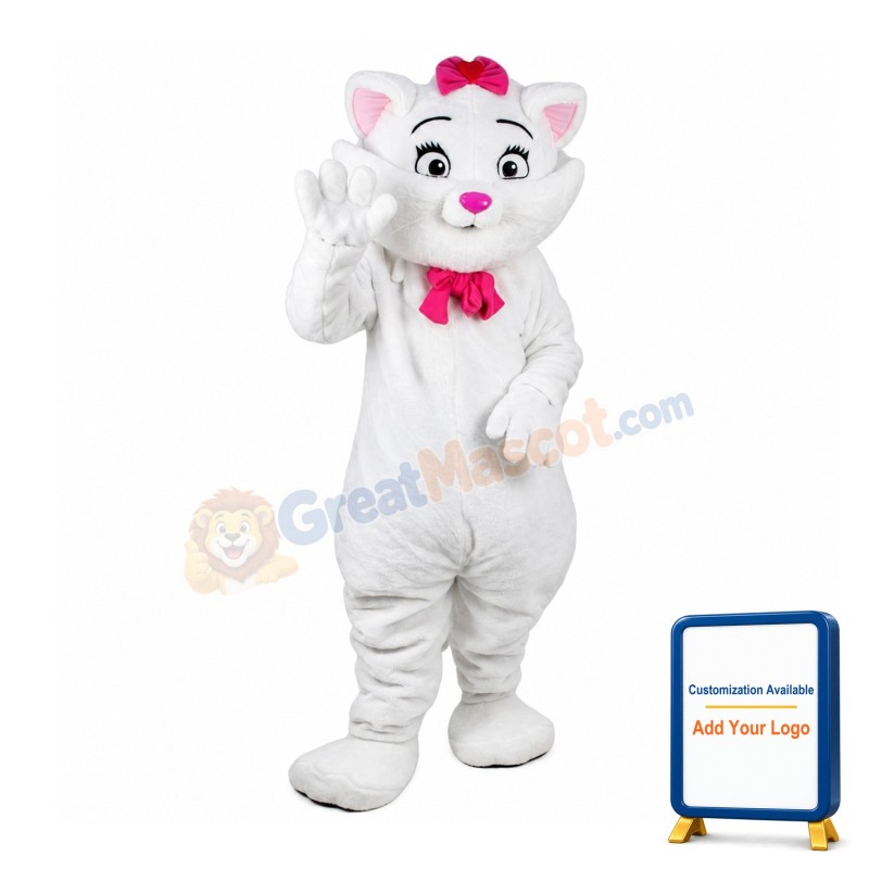 Cartoon White Cat With Pink Tie Mascot Costume
