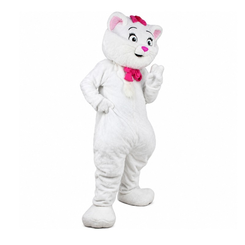 Cartoon White Cat With Pink Tie Mascot Costume