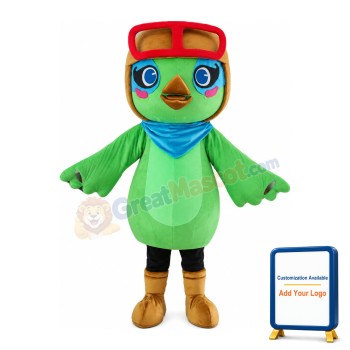 Cartoon Green Bird With Berets Mascot Costume