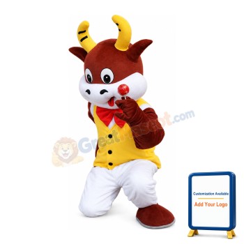 Lively Brown & White Bull With Yellow Shirt Mascot Costume