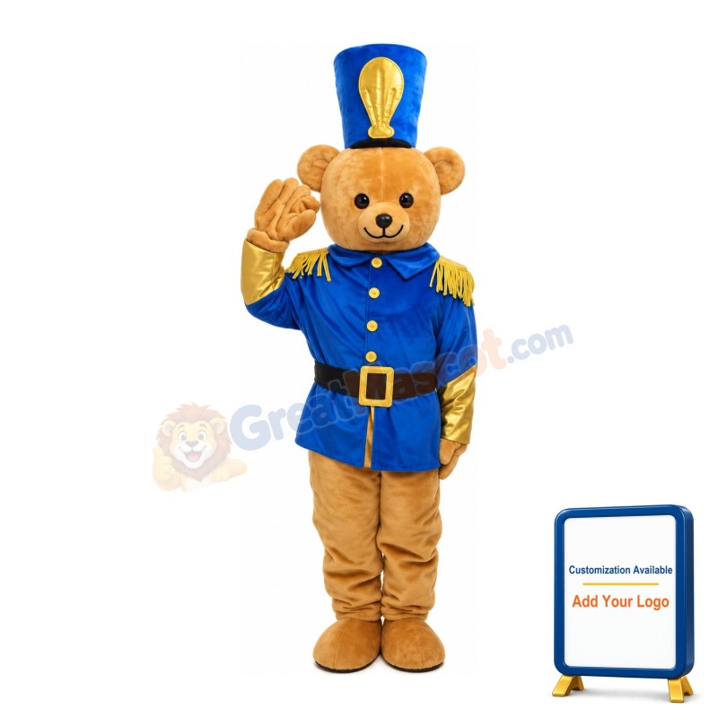 Polite Soldier Bear With Blue Uniform Mascot Costume