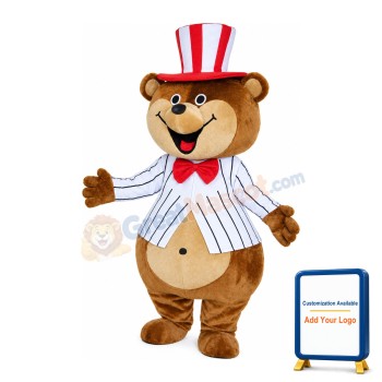 Happy Magician Bear With Striped Top And Hat Mascot Costume