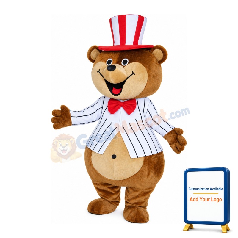 Happy Magician Bear With Striped Top And Hat Mascot Costume