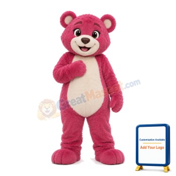 Strong Rose Red Bear With Smiling Face Mascot Costume