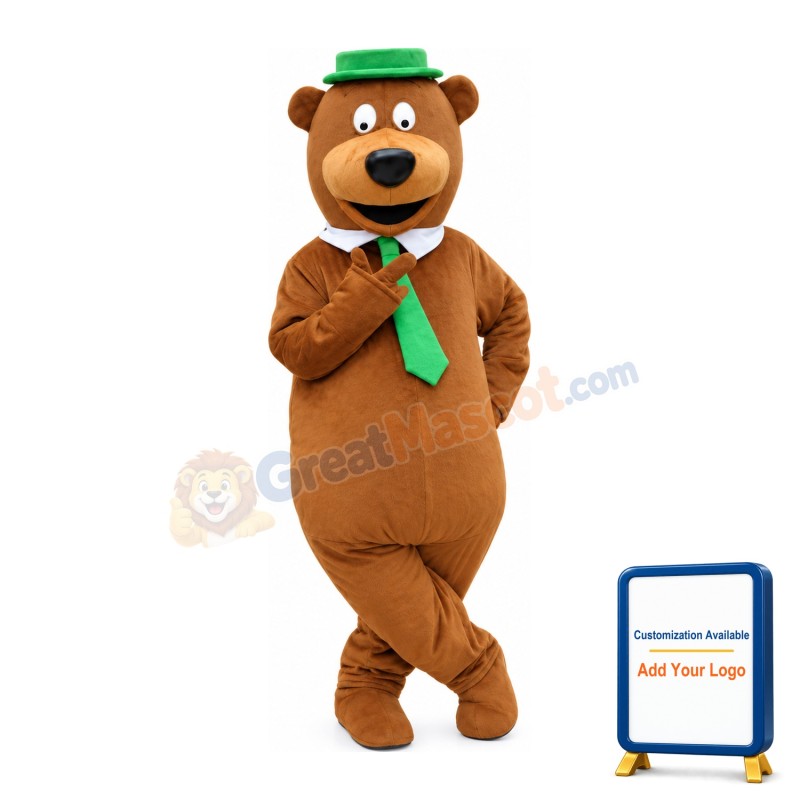 New Fancy Bear With Green Tie And Hat Mascot Costume