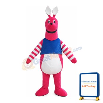 Cute Cartoon Pink Kangaroo With Blue Top Mascot Costume