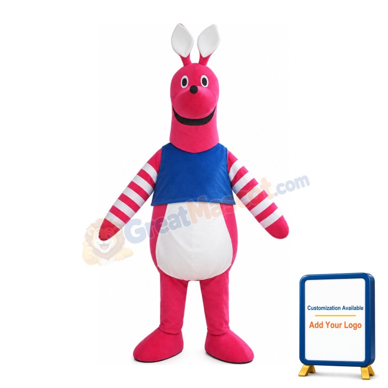 Cute Cartoon Pink Kangaroo With Blue Top Mascot Costume