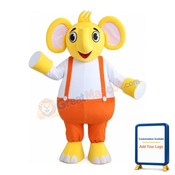 Yellow & White Elephant With Orange Rompers Mascot Costume