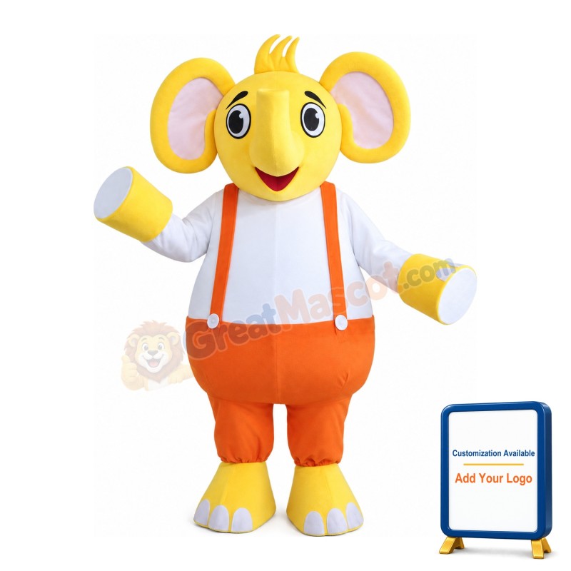 Yellow & White Elephant With Orange Rompers Mascot Costume