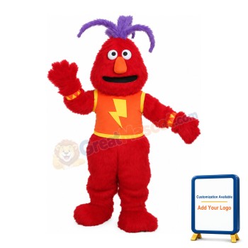 Clownish Red Monster With Purple Hair Mascot Costume