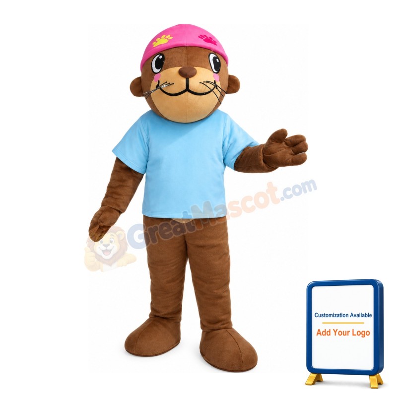 Smiling Seal With Blue Shirt And Pink Scarf Mascot Costume