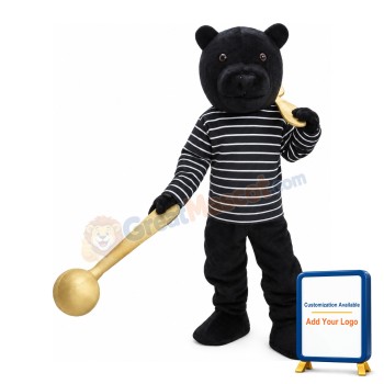 Cool Black Bear With Striped Shirt Mascot Costume