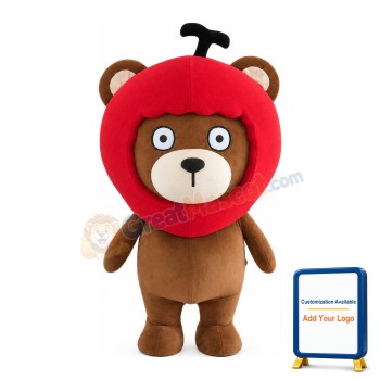 Lovely Brown Bear With Red Apple Headgear Mascot Costume