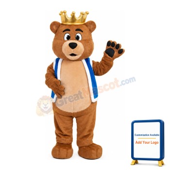 Furry Brown Crown Bear With Blue Maga Mascot Costume