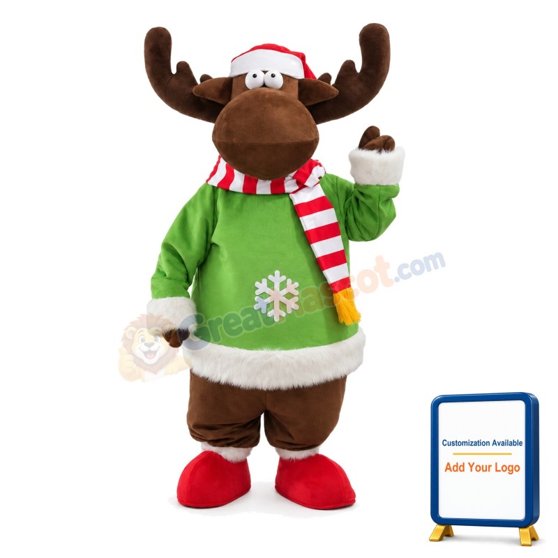 Christmas Elk With Green Coat Mascot Costume