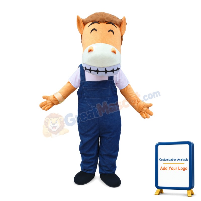 Friendly And Hospitable Horse With Overalls Mascot Costume