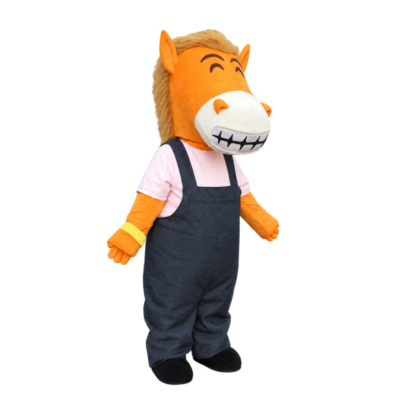 Friendly And Hospitable Horse With Overalls Mascot Costume