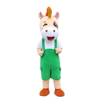 Excited Little Horse With Green Overalls Mascot Costume
