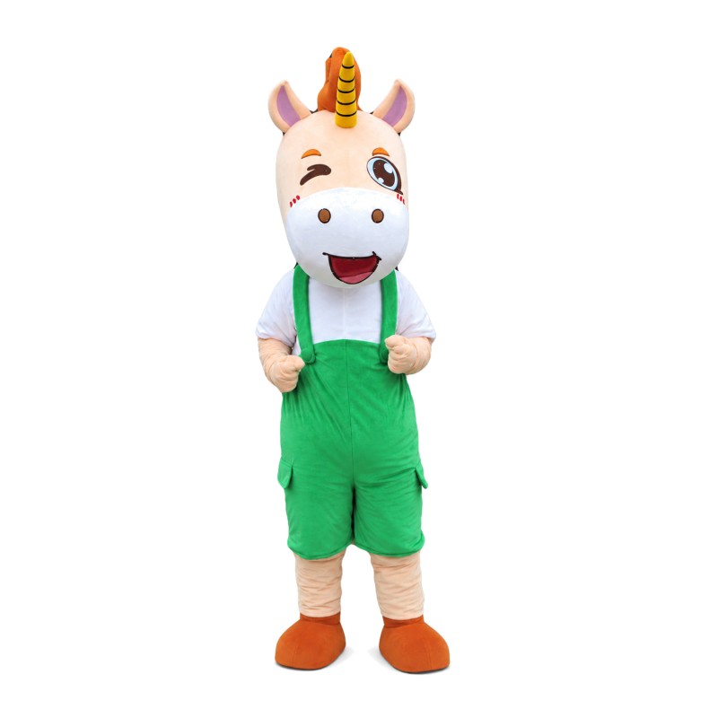 Excited Little Horse With Green Overalls Mascot Costume