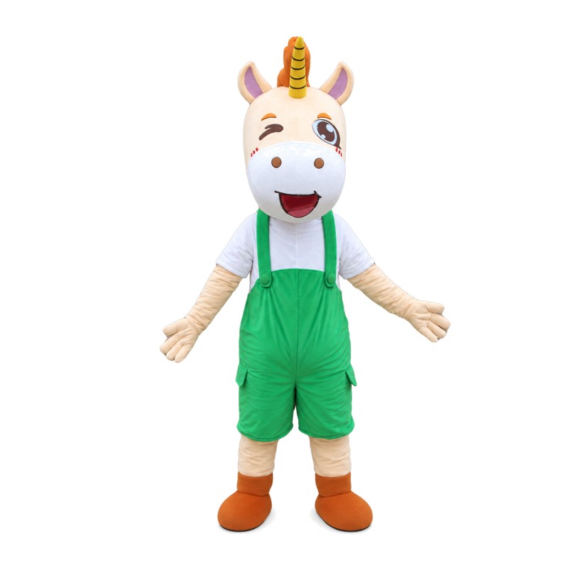 Excited Little Horse With Green Overalls Mascot Costume