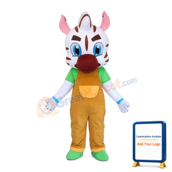 White Pattern Tiger With Brown Overalls Mascot Costume