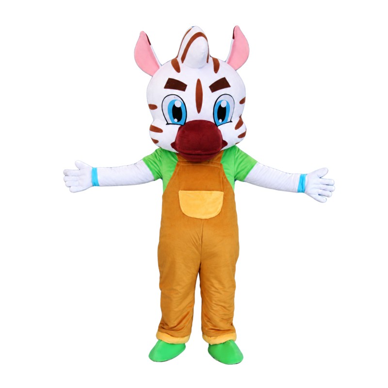 White Pattern Tiger With Brown Overalls Mascot Costume