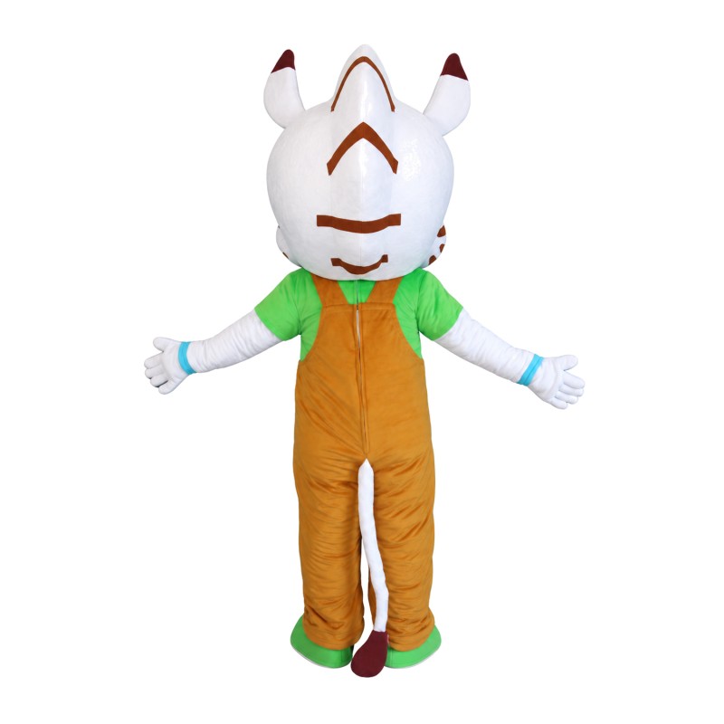 White Pattern Tiger With Brown Overalls Mascot Costume