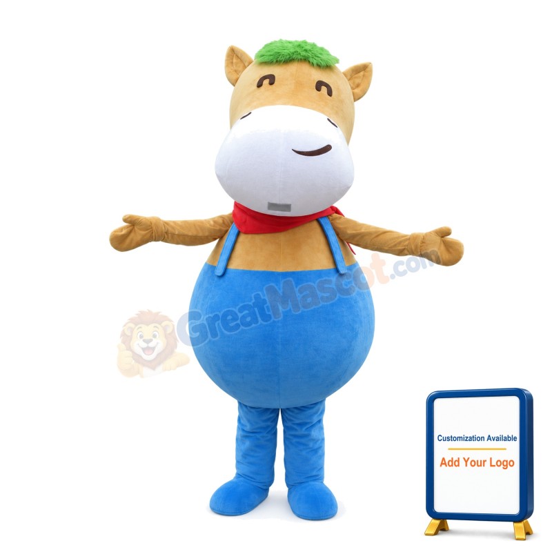 Fat Cartoon Brown Horse With Blue Rompers Mascot Costume