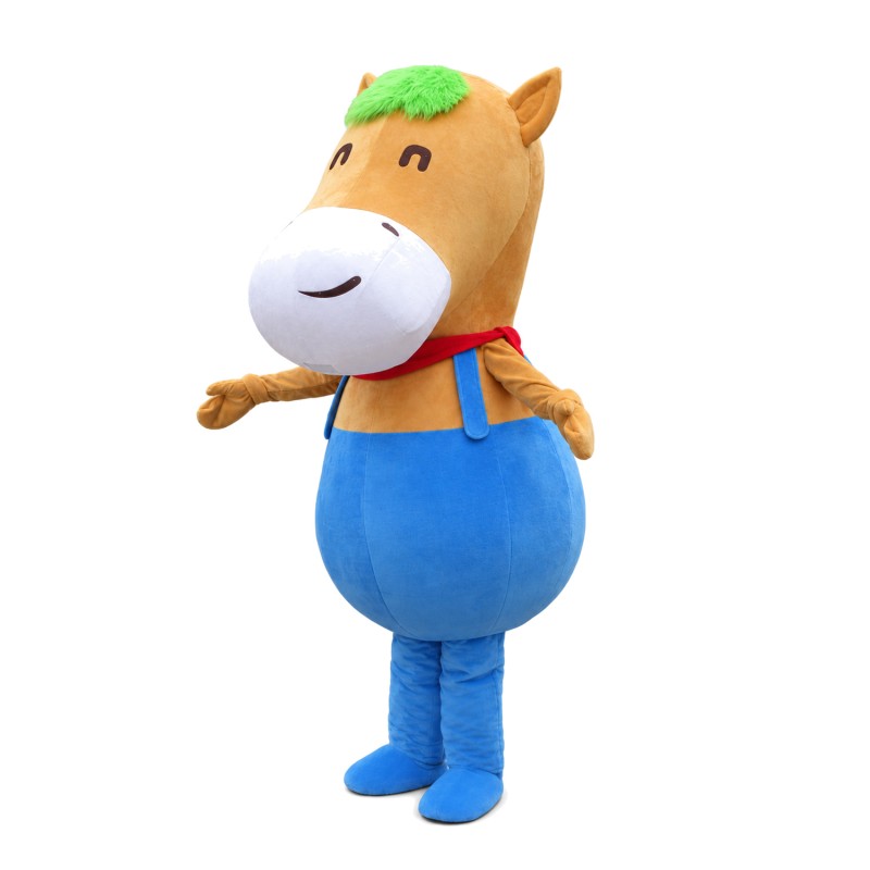 Fat Cartoon Brown Horse With Blue Rompers Mascot Costume