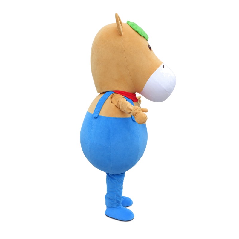 Fat Cartoon Brown Horse With Blue Rompers Mascot Costume