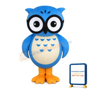 Blue Owl With Glasses Mascot Costume For Annual Celebration